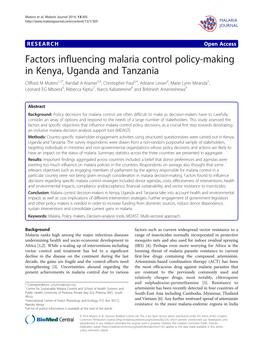 Factors Influencing Malaria Control Policy-Making in Kenya, Uganda