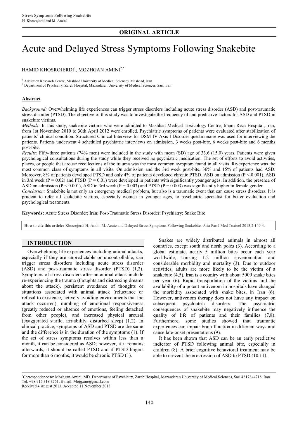 Acute and Delayed Stress Symptoms Following Snakebite