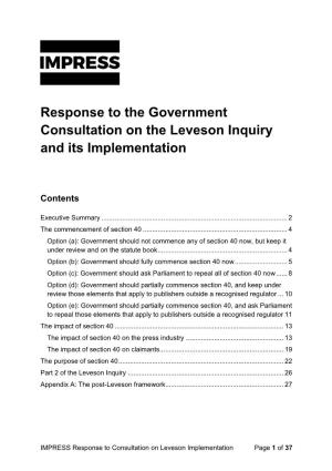 Response to the Government Consultation on the Leveson Inquiry and Its Implementation
