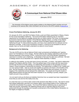 A Communiqué from National Chief Shawn Atleo January 2012