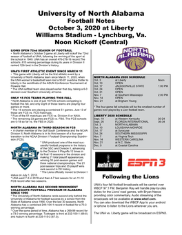 University of North Alabama Football Notes October 3, 2020 at Liberty Williams Stadium - Lynchburg, Va