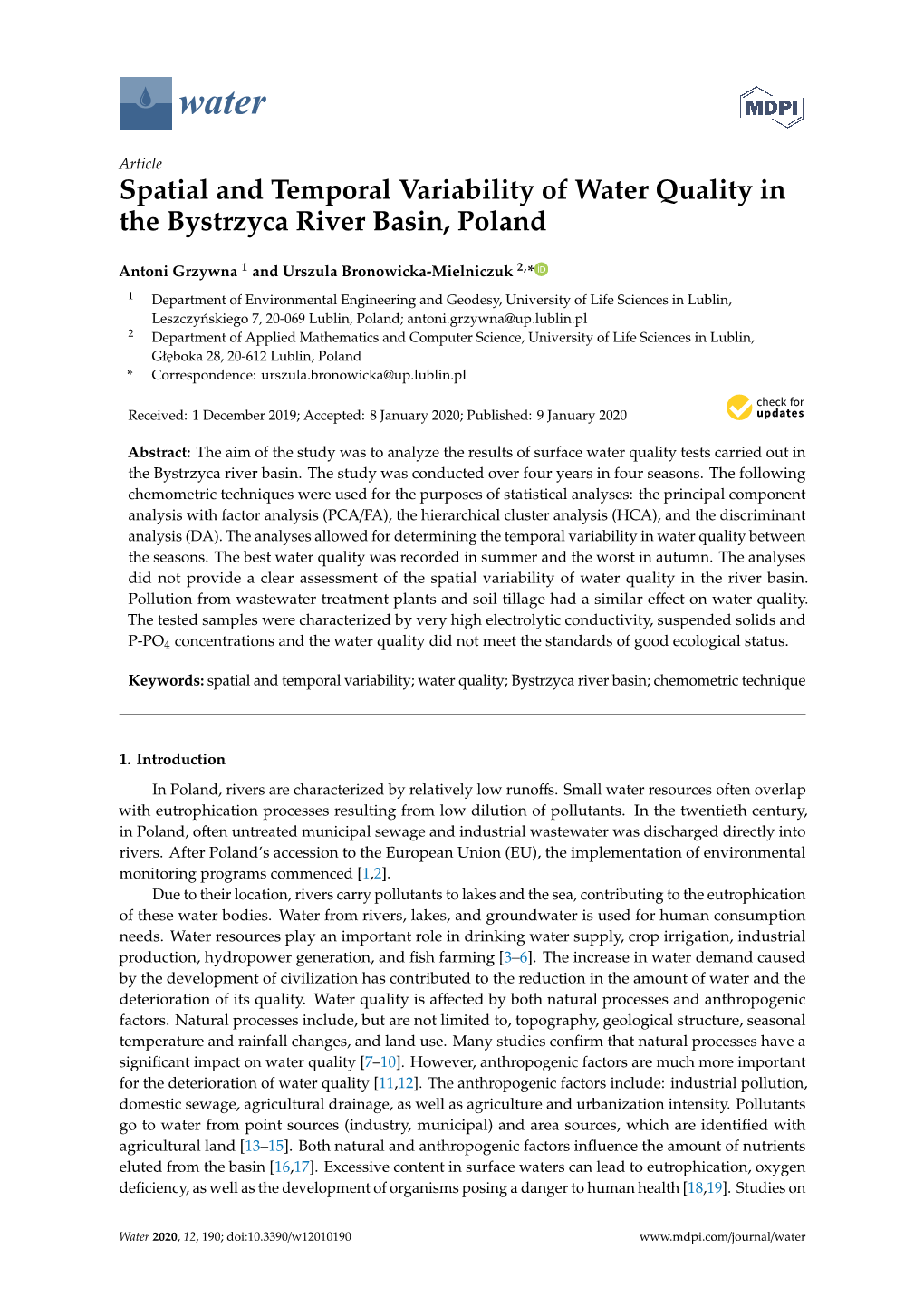 Spatial and Temporal Variability of Water Quality in the Bystrzyca River Basin, Poland