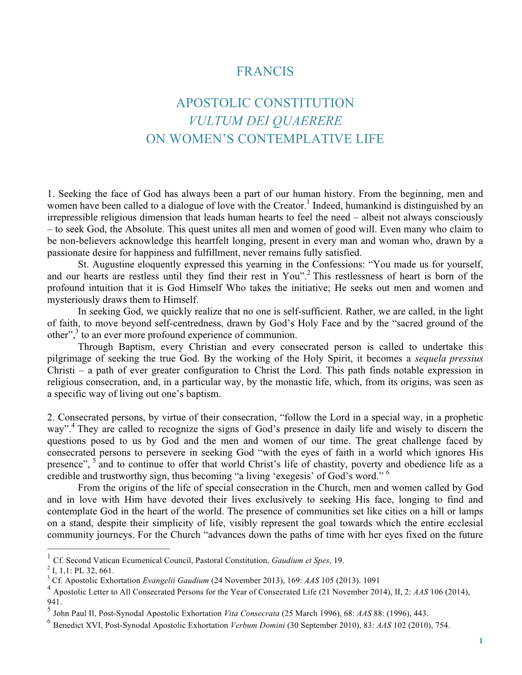 Francis Apostolic Constitution Vultum Dei