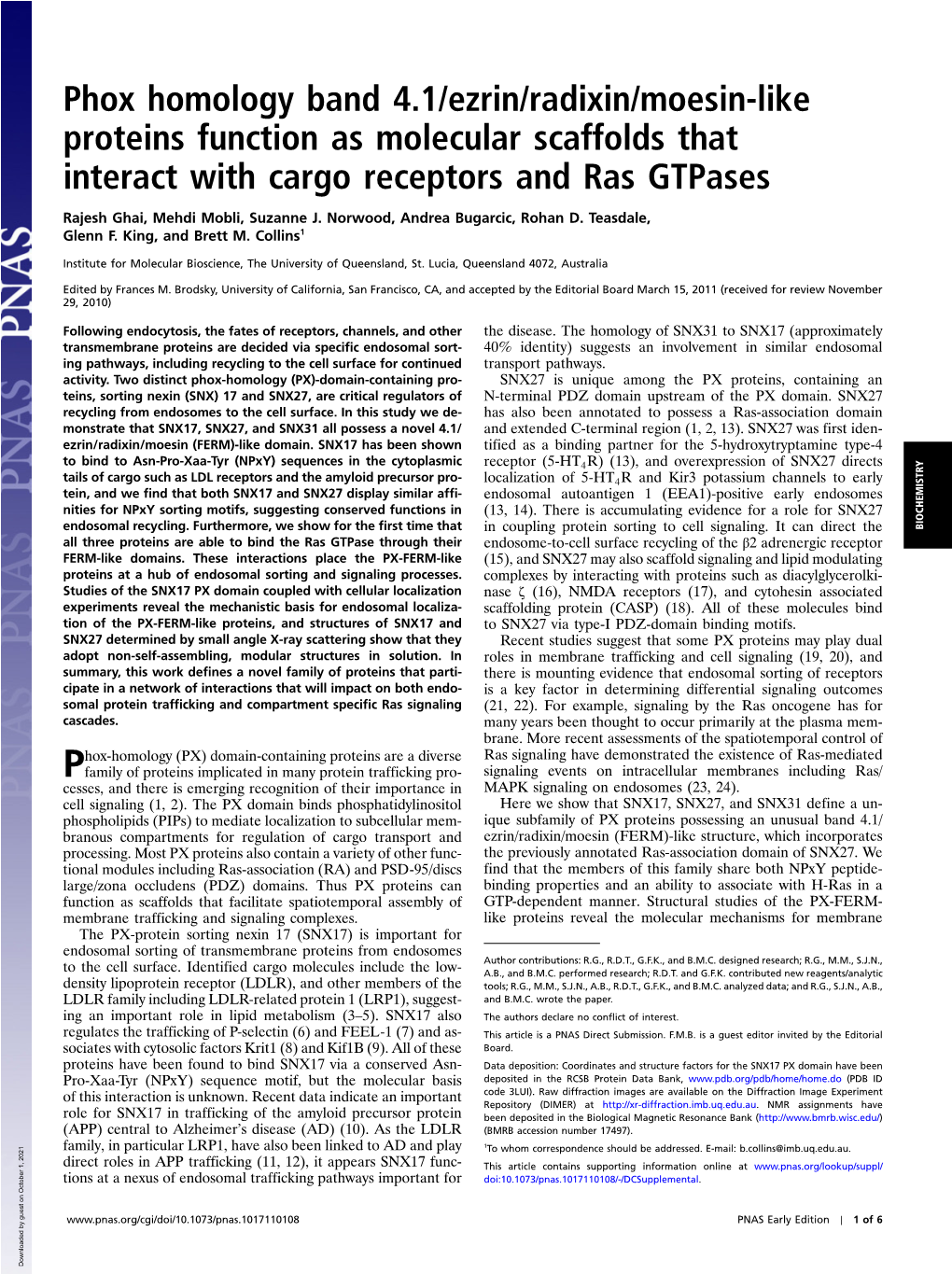 Phox Homology Band 4.1/Ezrin/Radixin/Moesin-Like Proteins Function As Molecular Scaffolds That Interact with Cargo Receptors and Ras Gtpases