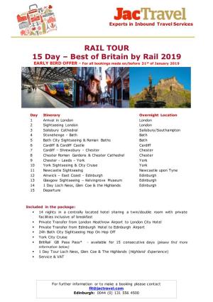 RAIL TOUR 15 Day – Best of Britain by Rail 2019 EARLY BIRD OFFER - for All Bookings Made On/Before 31St of January 2019