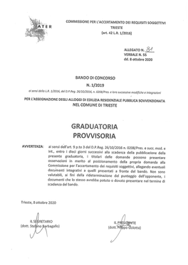 BANDO DI CONCORSO N. 1 / 2019 - GRADUATORIA PROVVISORIA Del 8 Ottobre 2020