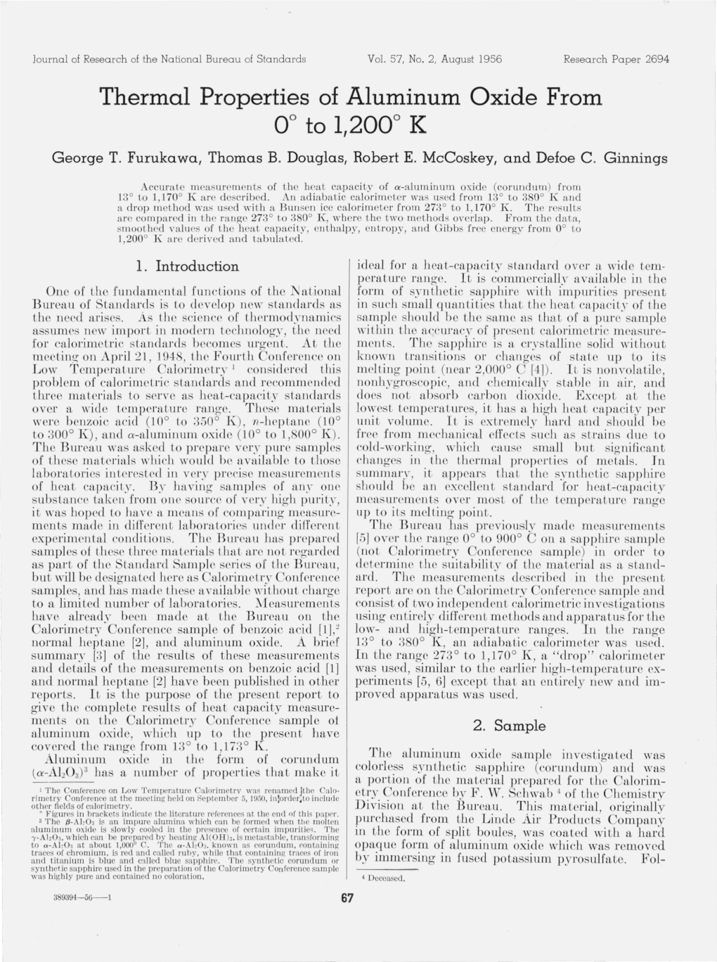 Thermal Properties of Aluminum Oxide from 0° to 1200° K