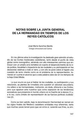 Notas Sobre La Junta General De La Hermandad En Tiempos De Los Reyes Católicos