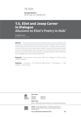 T.S. Eliot and Josep Carner in Dialogue Allusions to Eliot’S Poetry in Nabí Margalit Serra Bar-Ilan University, Israel
