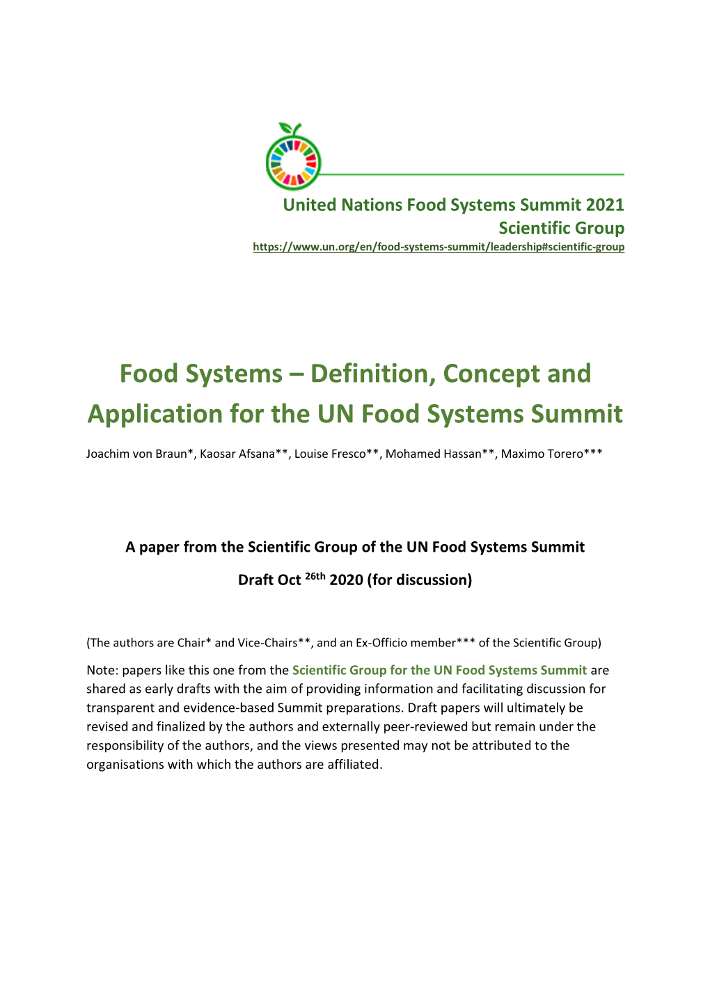 Definition, Concept and Application for the UN Food Systems Summit