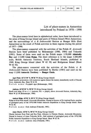 List of Place-Names in Antarctica Introduced by Poland in 1978-1990