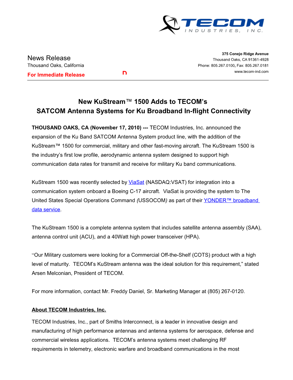 Kustream 1500 Adds To TECOM's SATCOM Antenna Systems For Ku Broadband In-Flight Connectivity