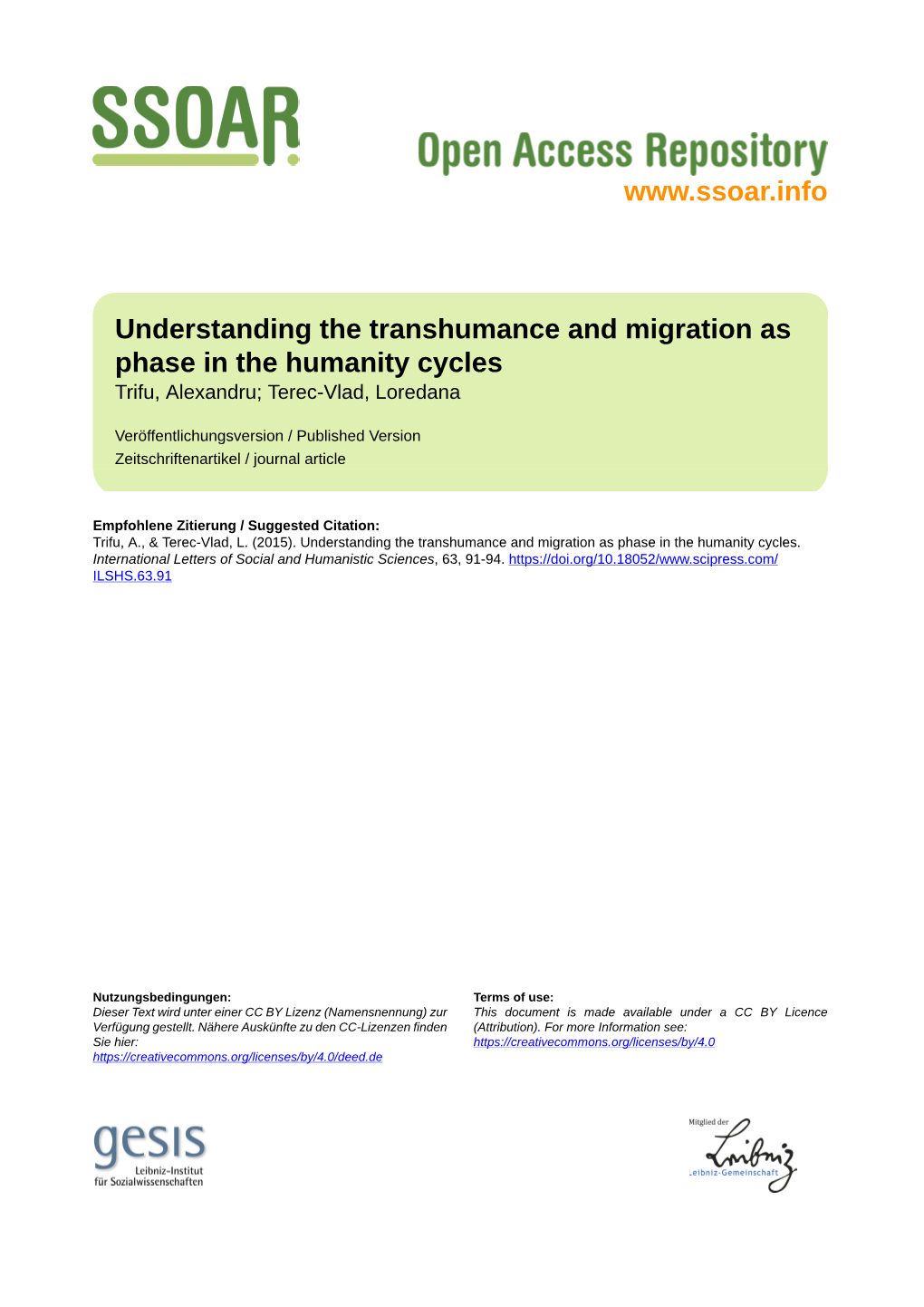 Understanding the Transhumance and Migration As Phase in the Humanity Cycles Trifu, Alexandru; Terec-Vlad, Loredana