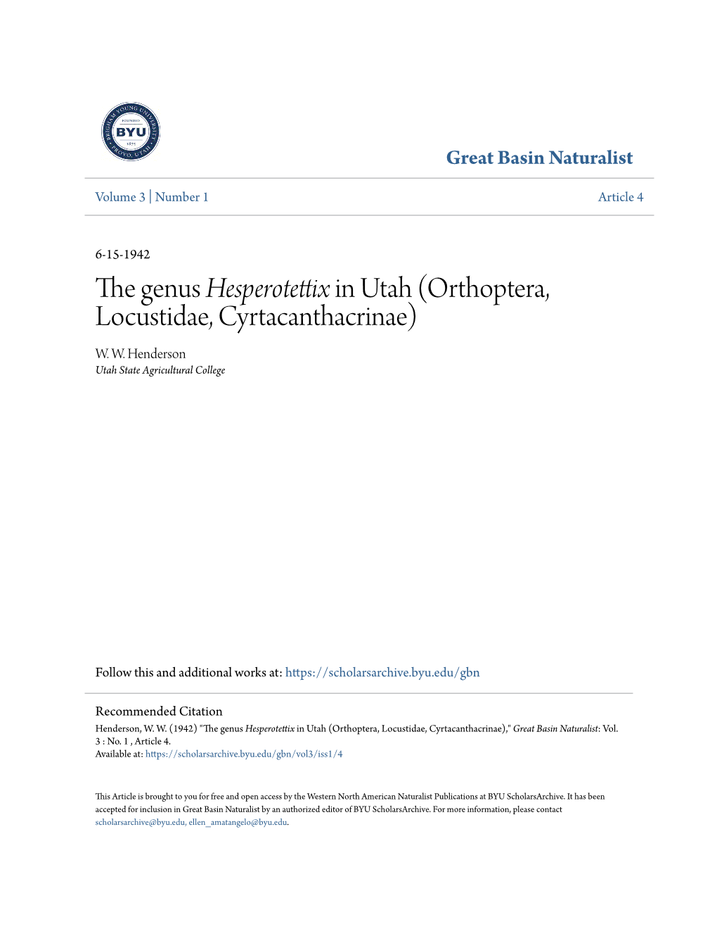 The Genus Hesperotettix in Utah (Orthoptera, Locustidae, Cyrtacanthacrinae) W