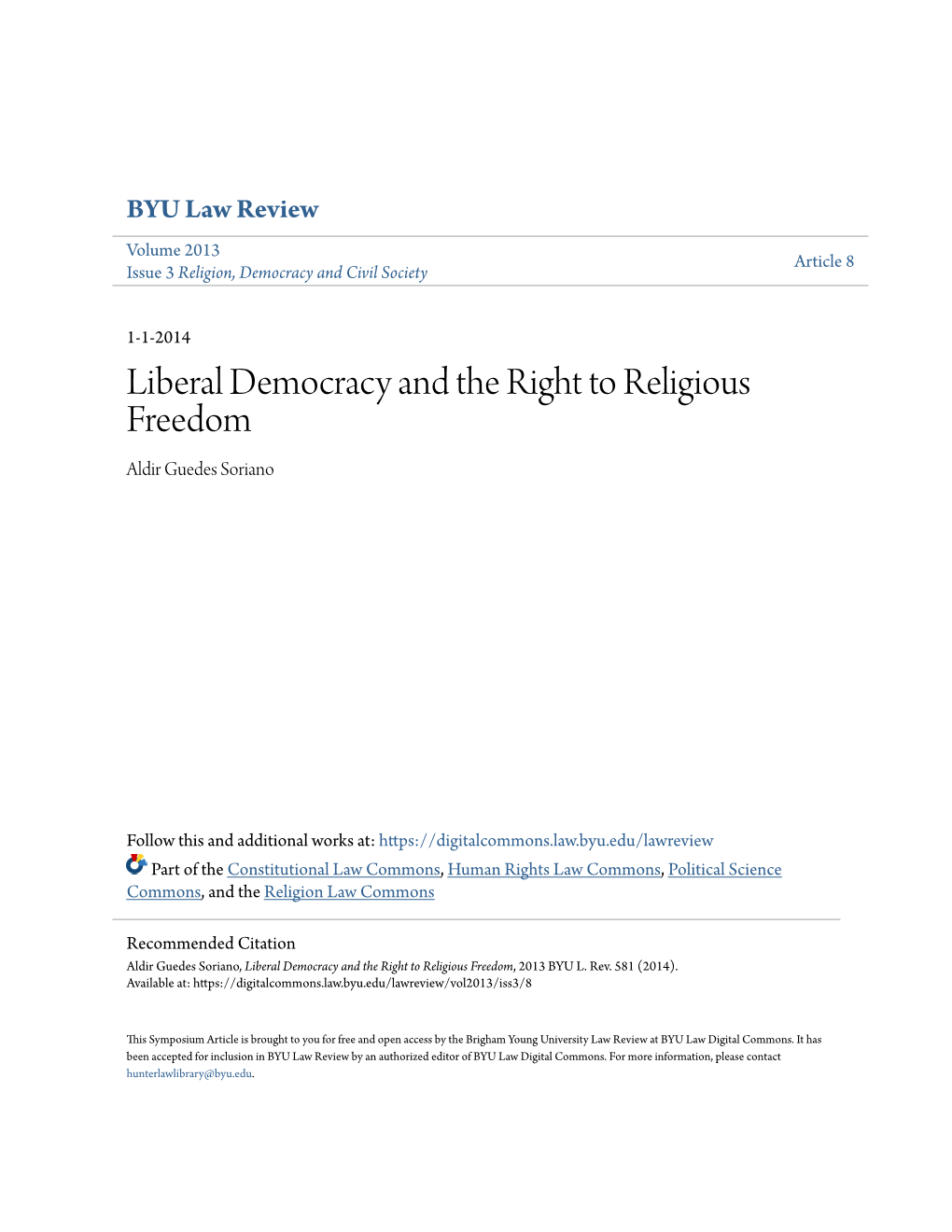 Liberal Democracy and the Right to Religious Freedom Aldir Guedes Soriano