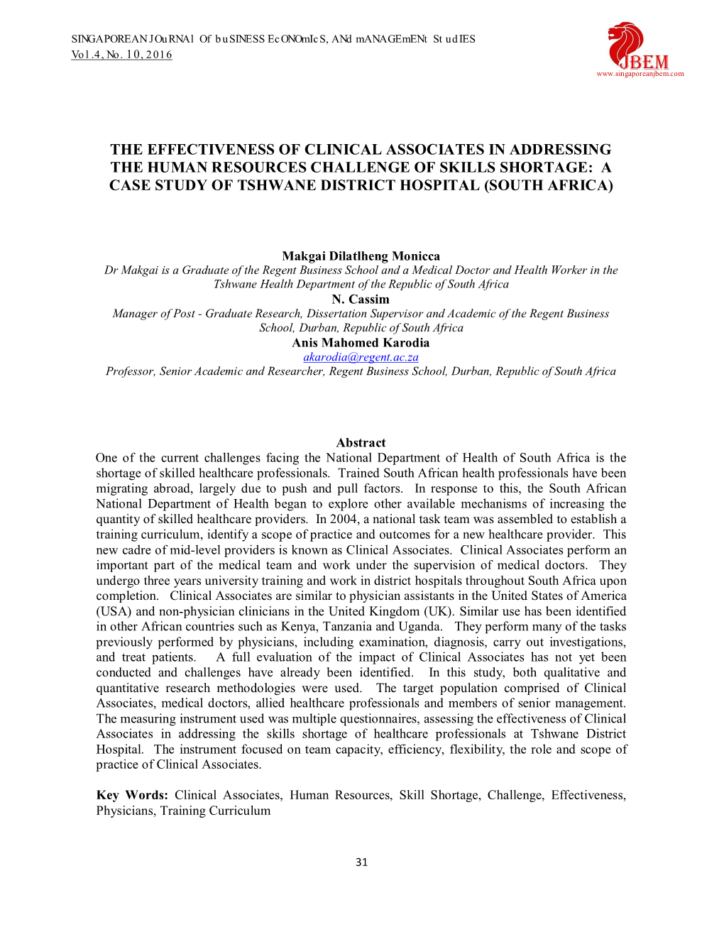 The Effectiveness of Clinical Associates in Addressing the Human Resources Challenge of Skills Shortage: a Case Study of Tshwane District Hospital (South Africa)