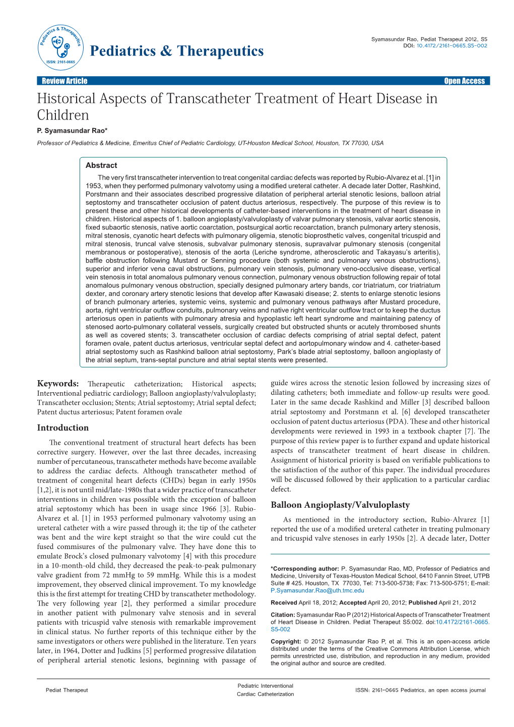 Historical Aspects of Transcatheter Treatment of Heart Disease in Children P