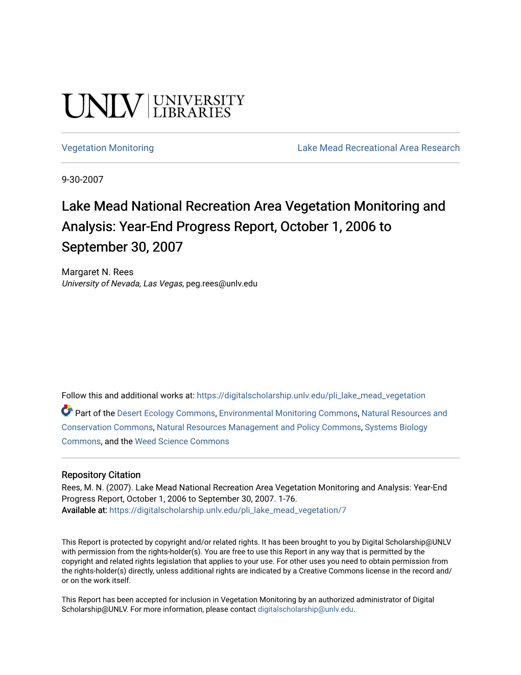 Lake Mead National Recreation Area Vegetation Monitoring and Analysis: Year-End Progress Report, October 1, 2006 to September 30, 2007