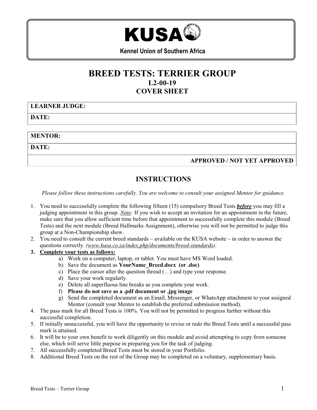 Breed Tests: Terrier Group L2-00-19 Cover Sheet