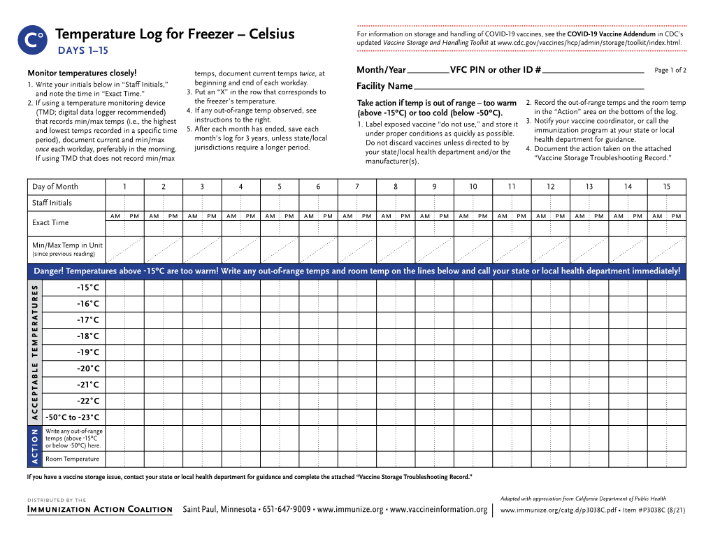 Temperature Log for Freezer – Celsius - DocsLib