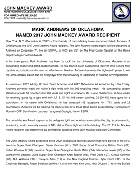 Mark Andrews of Oklahoma Named 2017 John Mackey Award Recipient