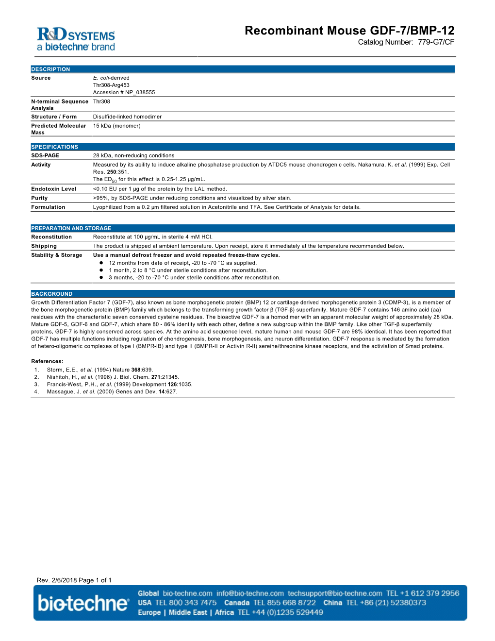 Recombinant Mouse GDF-7/BMP-12 Catalog Number: 779-G7/CF