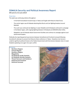 SOMALIA Security and Political Awareness Report 09 June to 15 June 2014
