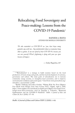 Relocalizing Food Sovereignty and Peace-Making: Lessons from the COVID-19 Pandemic 1