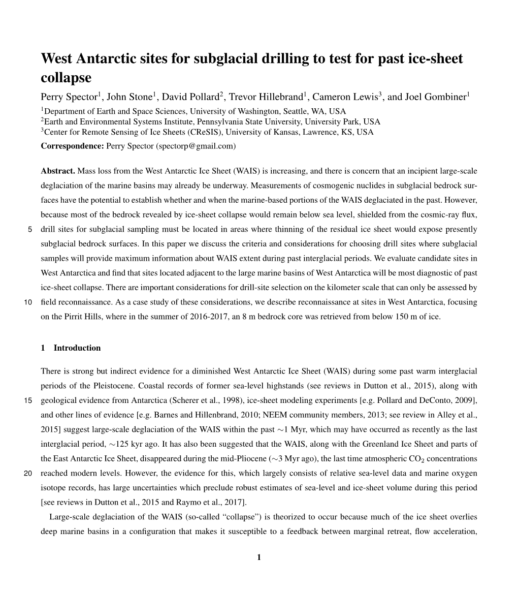 West Antarctic Sites for Subglacial Drilling to Test For