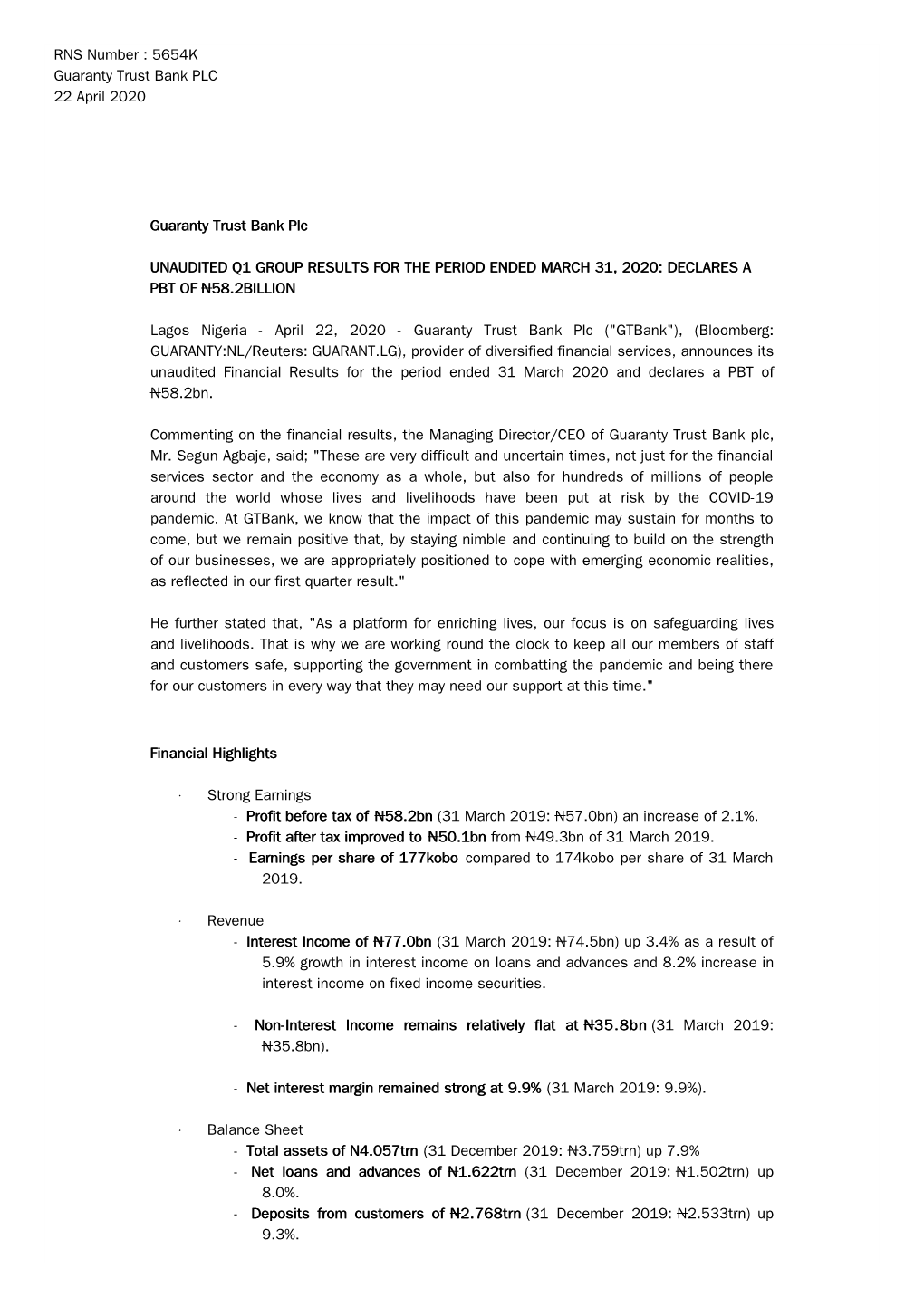 RNS Number : 5654K Guaranty Trust Bank PLC 22 April 2020