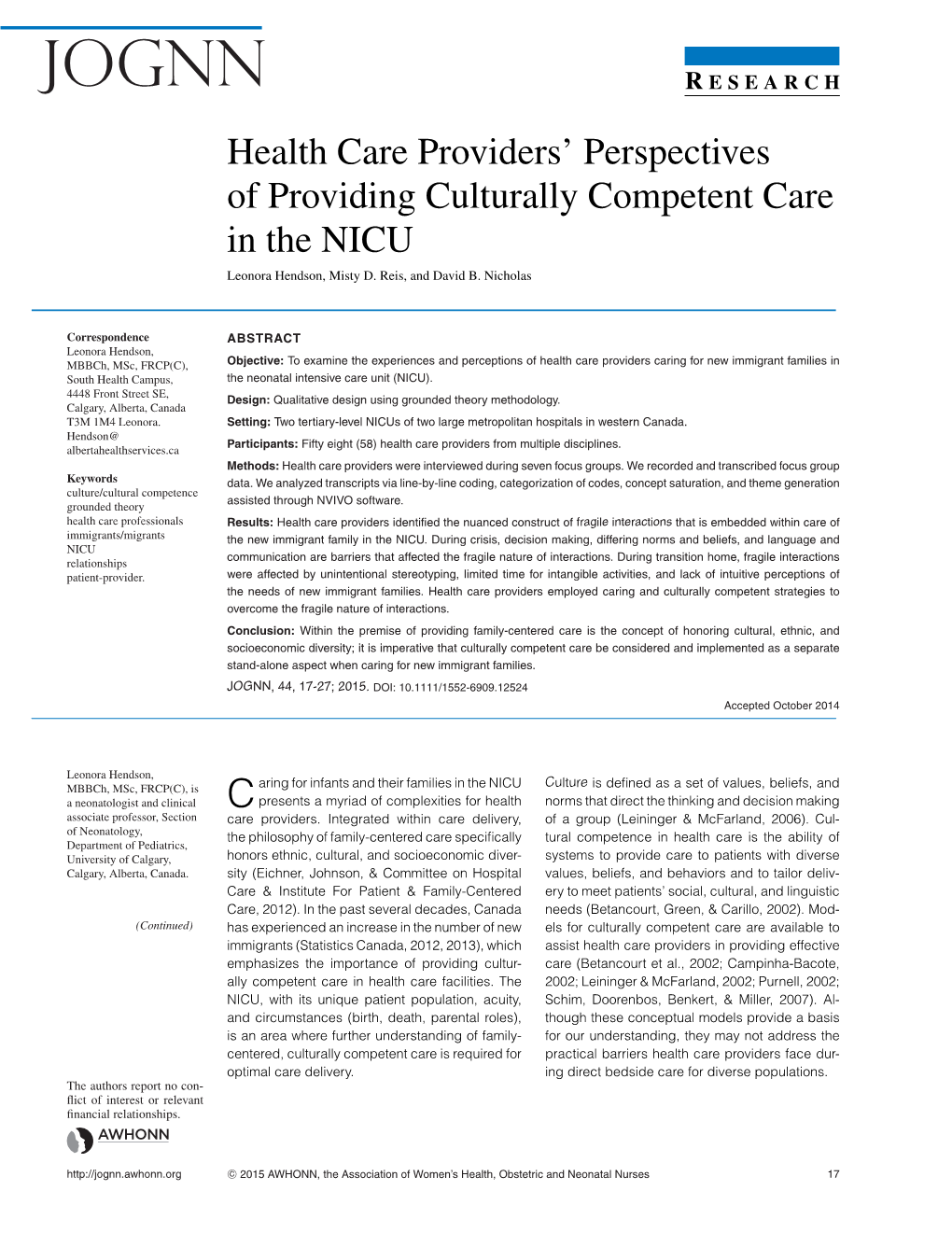 Perspectives of Providing Culturally Competent Care in the NICU Leonora Hendson, Misty D