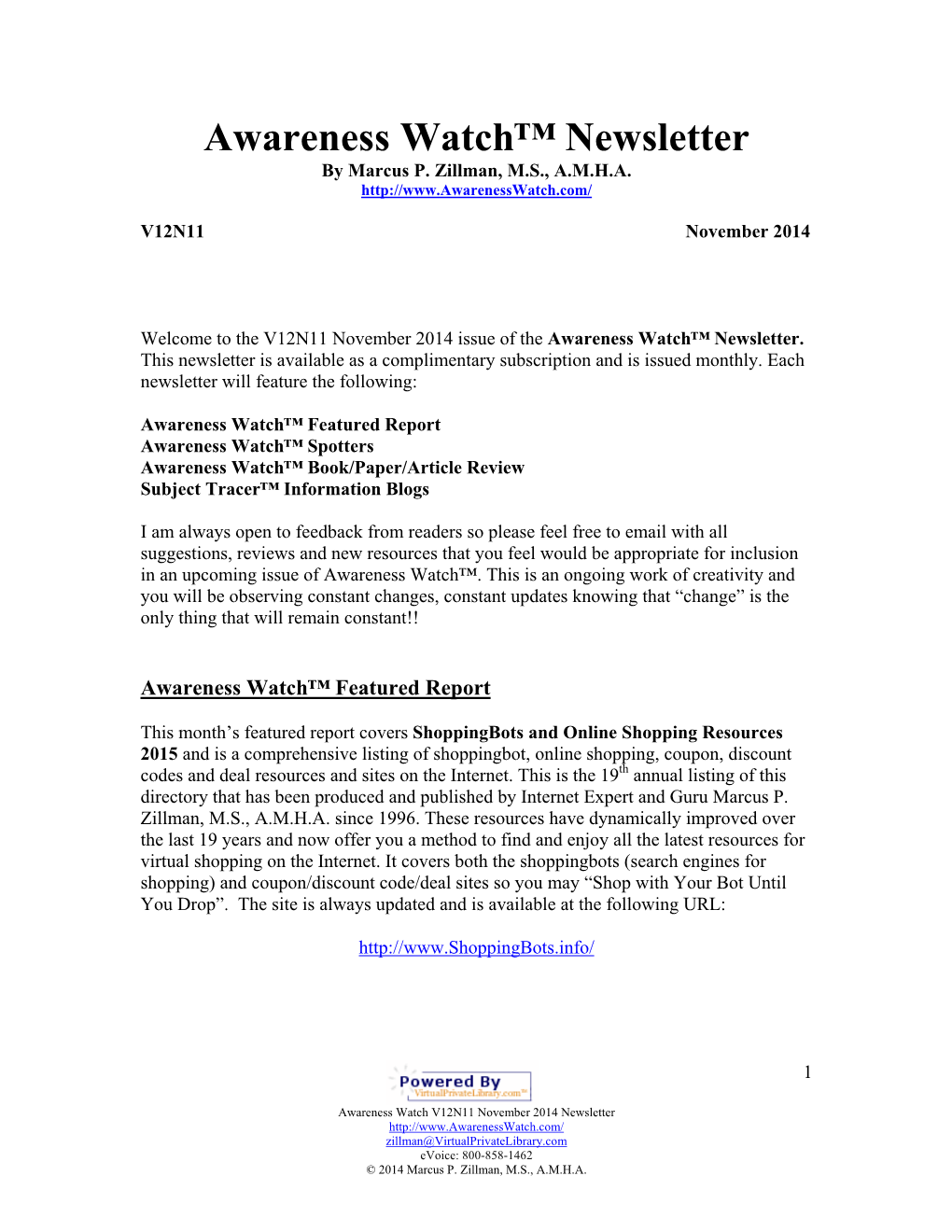Awareness Watch™ Newsletter V12N11 November 2014