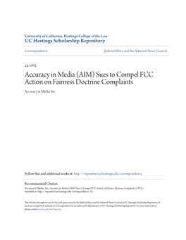 Accuracy in Media (AIM) Sues to Compel FCC Action on Fairness Doctrine Complaints Accuracy in Media, Inc