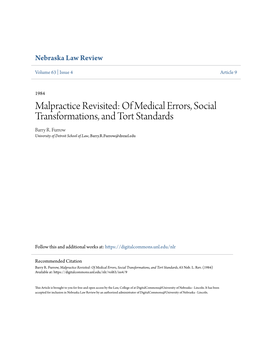 Malpractice Revisited: of Medical Errors, Social Transformations, and Tort Standards Barry R