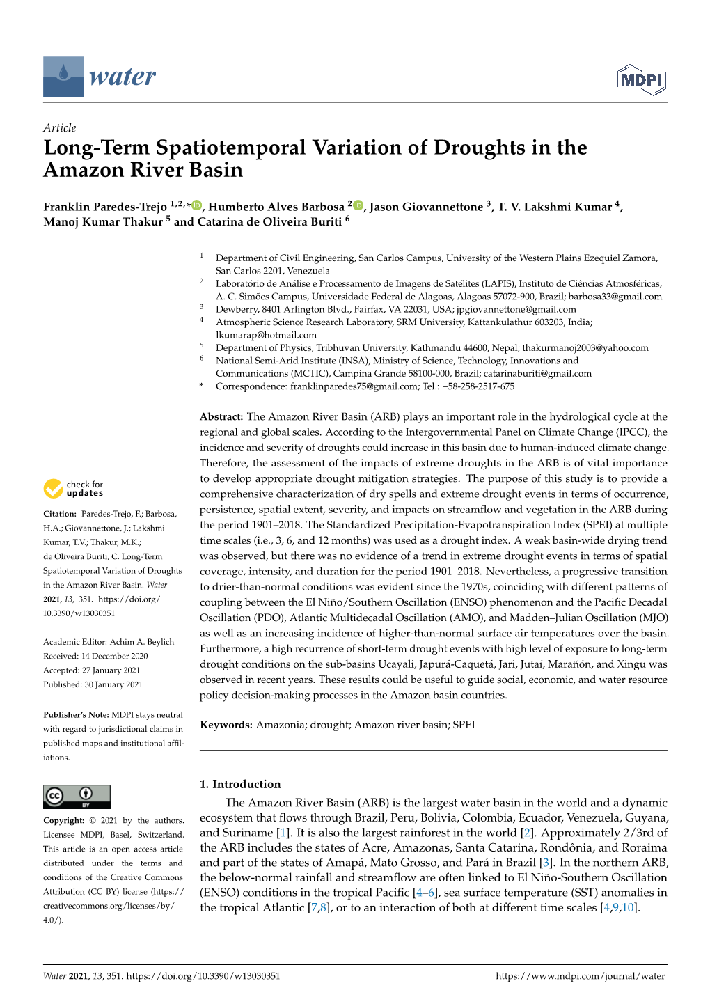 Long-Term Spatiotemporal Variation of Droughts in the Amazon River Basin