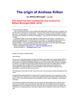 Subject: the Origin of Andreas Killian