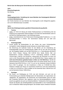 Bericht Über Die Sitzung Des Gemeinderates Der Gemeinde Seck Am 05.04.2019