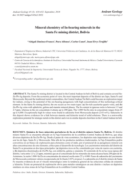 Mineral Chemistry of In-Bearing Minerals in the Santa Fe Mining District, Bolivia