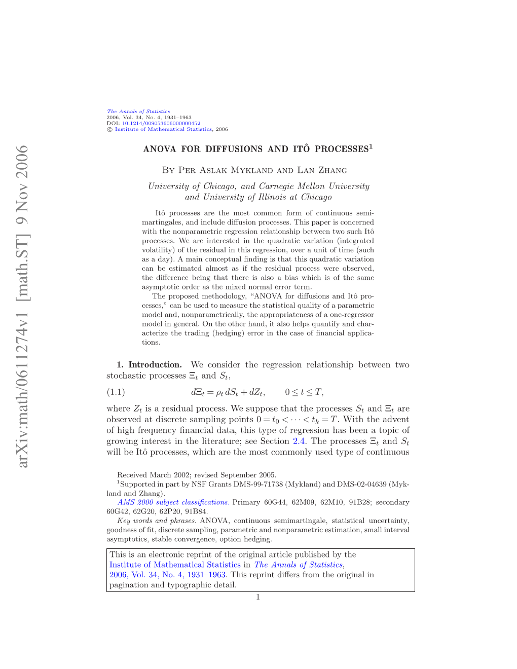 ANOVA for Diffusions and Ito Processes