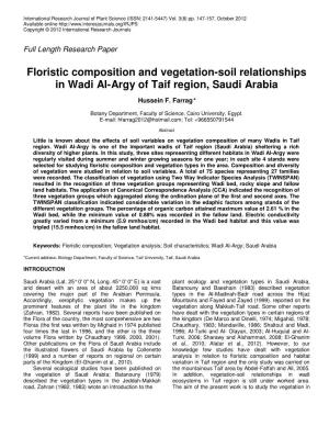 Floristic Composition and Vegetation-Soil Relationships in Wadi Al-Argy of Taif Region, Saudi Arabia