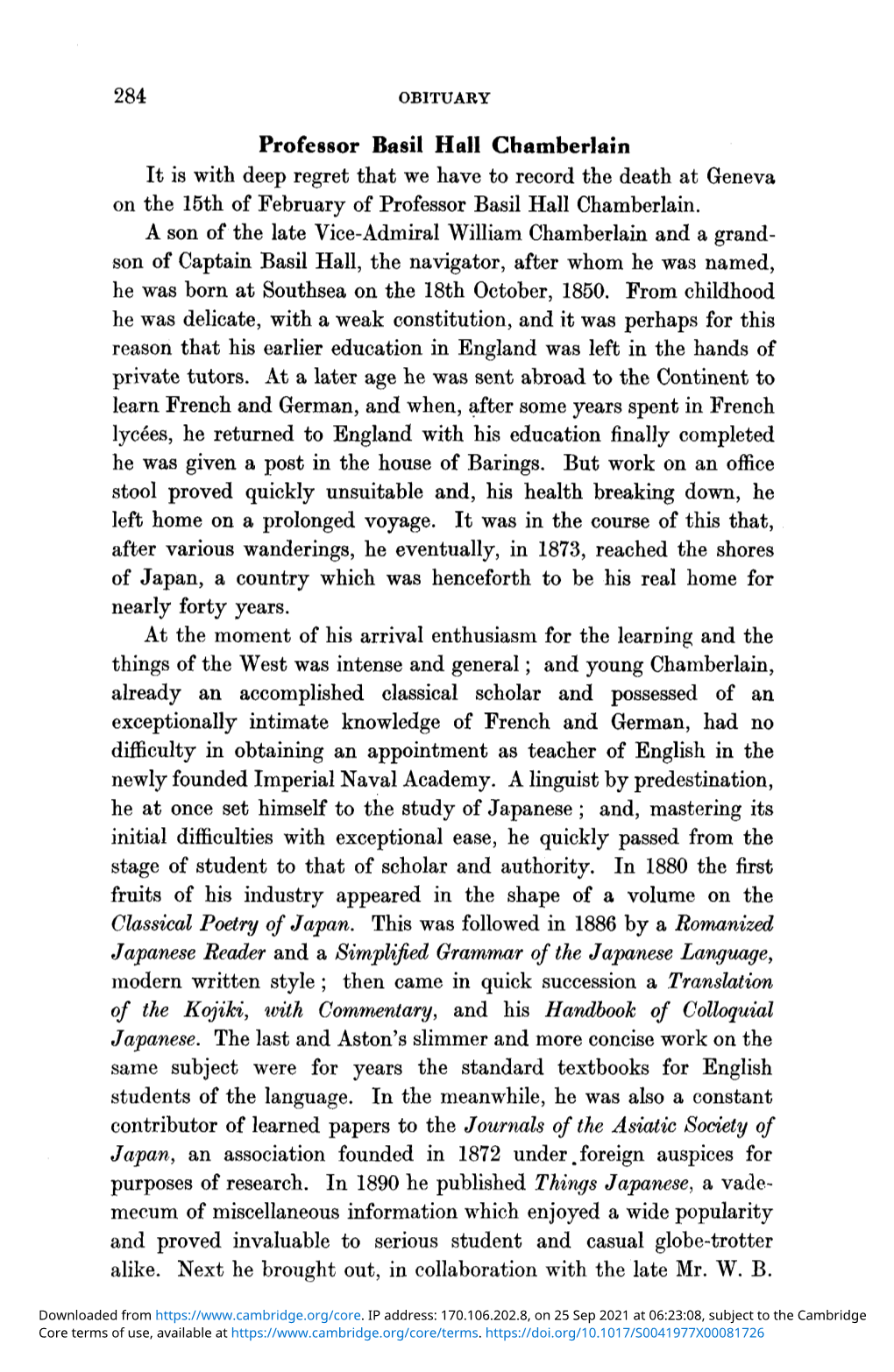 Professor Basil Hall Chamberlain It Is with Deep Regret That We Have to Record the Death at Geneva on the 15Th of February of Professor Basil Hall Chamberlain