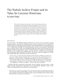 The Nichols Archive Project and Its Value for Leicester Historians by Julian Pooley