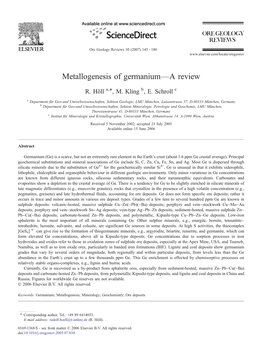 Metallogenesis of Germanium—A Review ⁎ R
