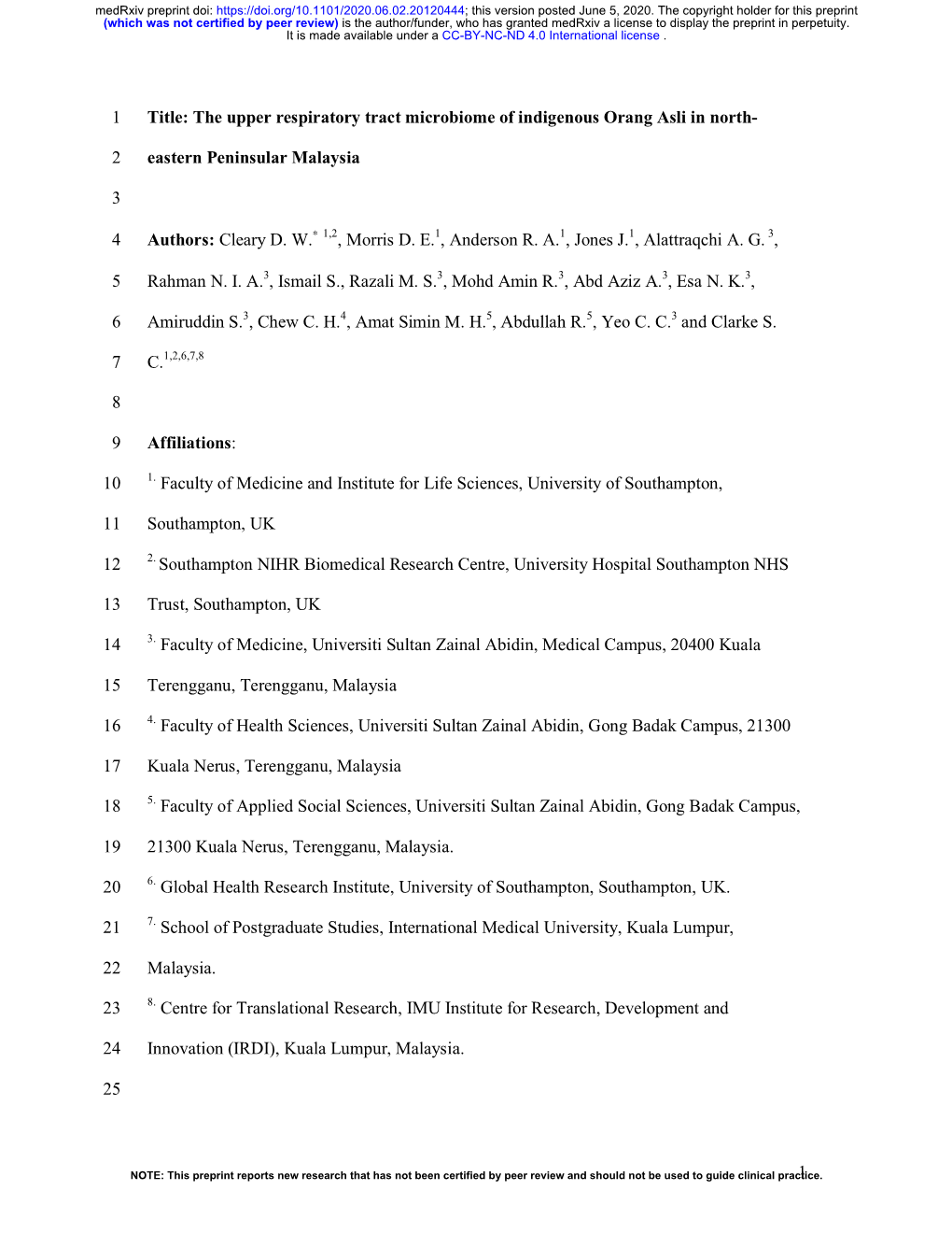 The Upper Respiratory Tract Microbiome of Indigenous Orang Asli in North