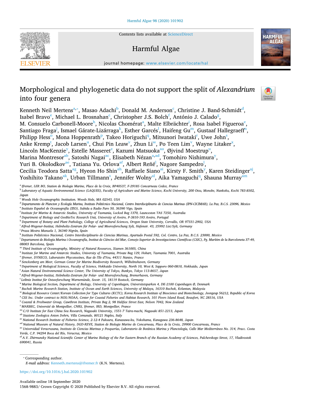 Morphological and Phylogenetic Data Do Not Support the Split of Alexandrium T Into Four Genera ⁎ Kenneth Neil Mertensa, , Masao Adachib, Donald M