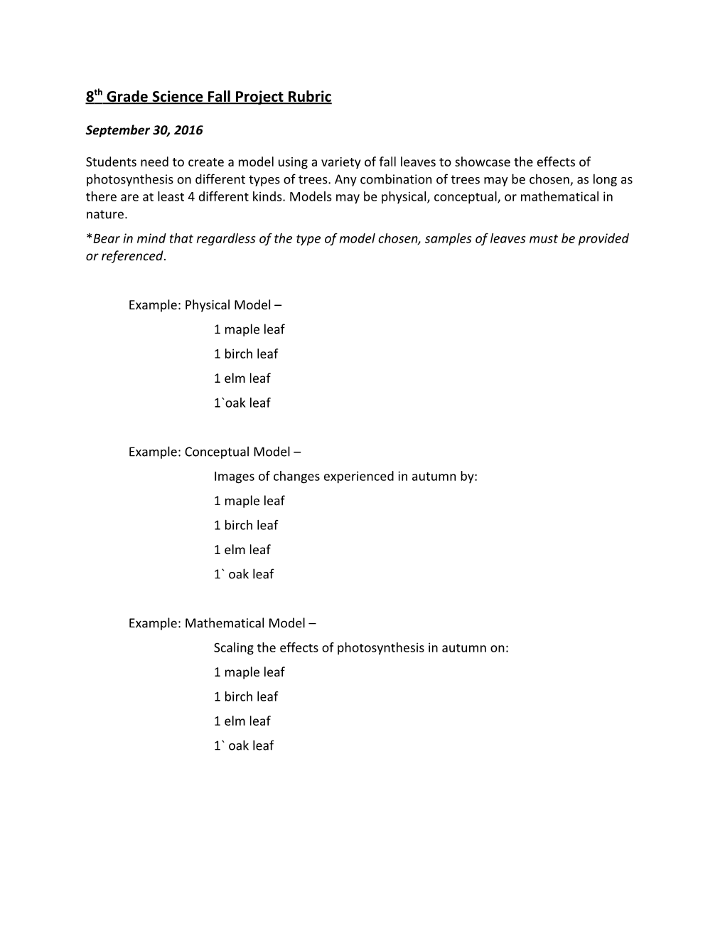 8Th Grade Science Fall Project Rubric