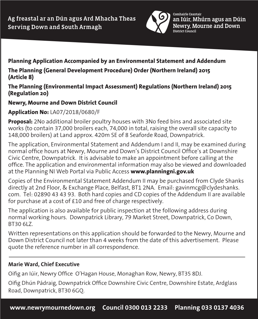 Council 0300 013 2233 Planning 033 0137 4036 Ag Freastal Ar an Dún Agus Ard Mhacha Theas Serving Down and South Armagh