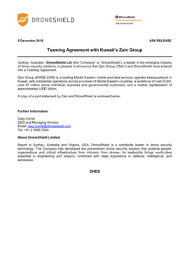Teaming Agreement with Kuwait's Zain Group