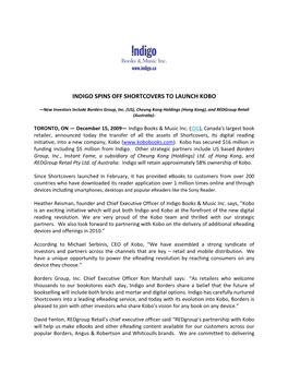 Indigo Spins Off Shortcovers to Launch Kobo