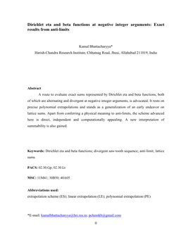 Dirichlet Eta and Beta Functions at Negative Integer Arguments: Exact Results from Anti-Limits